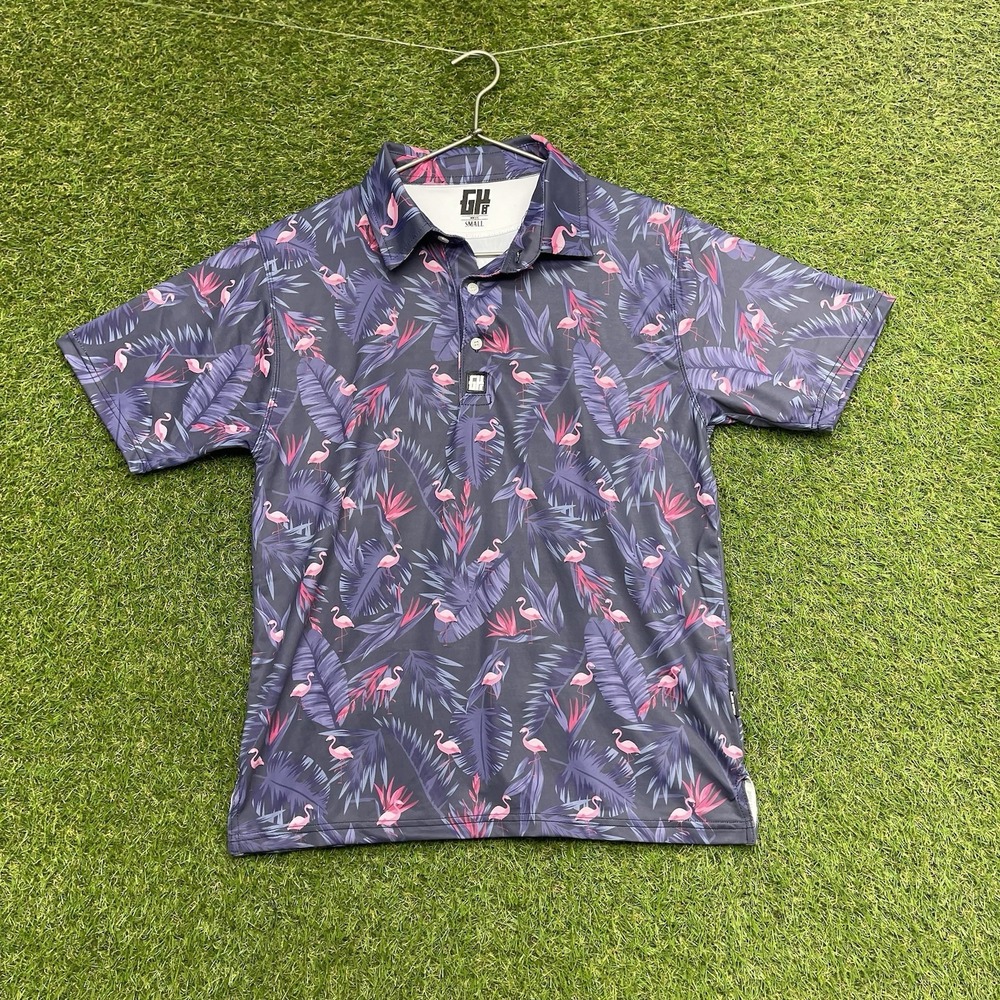 Greater Half Golf Shirt Mens Small GH Purple Flamingo Floral Stretch Performance